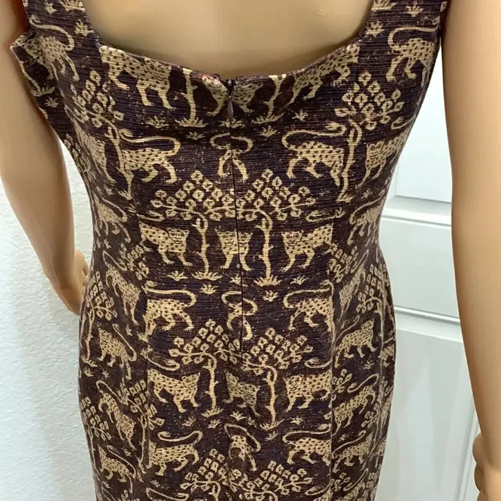 Maggy London Size 8 Tiger Beaded Scoop Neck Short Sleeve Midi Zippered Dress